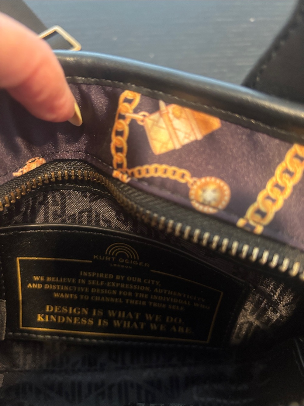Kurt Geiger London mini Quilted Black Crossbody Bag with Gold Chain Print - Picture 6 of 12